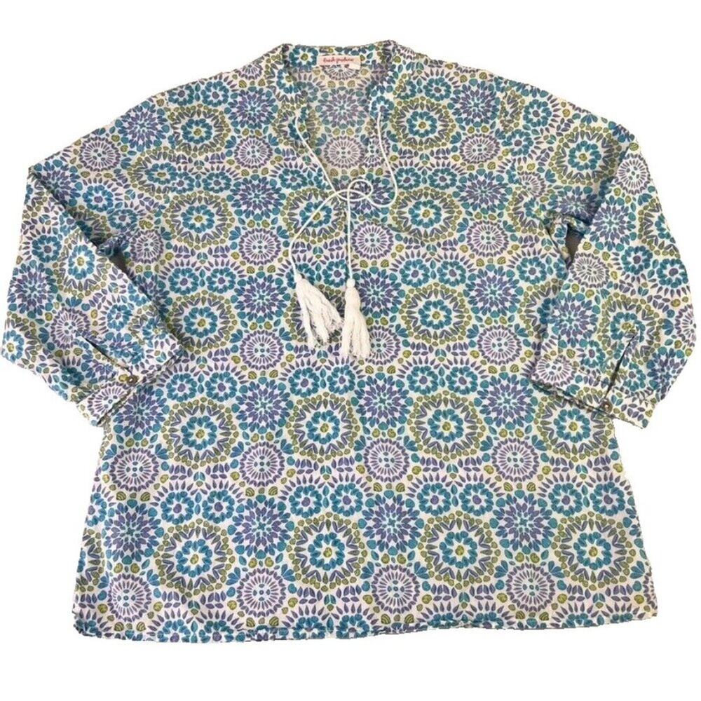 Fresh Produce Tunic Women S M Blue Mosaic Shells Corine Tie V Neck Top Tassel
